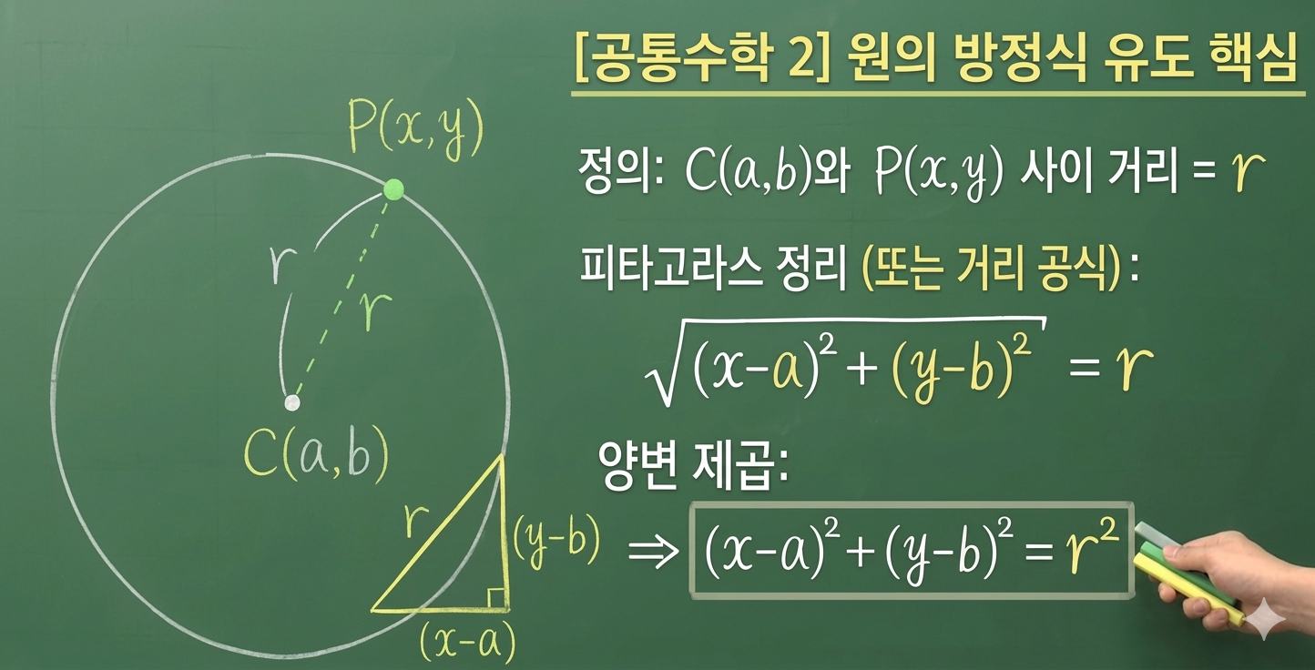 좌표평면 위에서 중심 (a,b)와 점 (x,y) 사이의 거리를 이용한 원의 방정식 유도 그래프